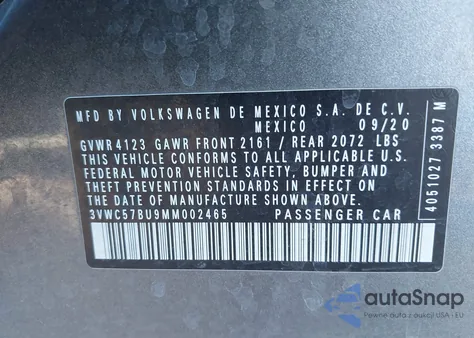 2021 Volkswagen Jetta 1.4T R-Line/1.4T S/1.4T Se z USA, uszkodzony, nr VIN 3VWC57BU9MM002465